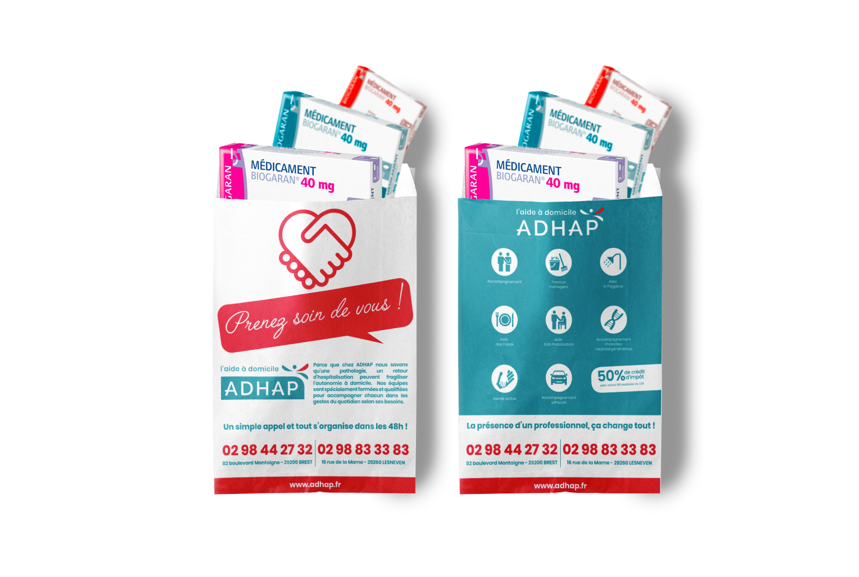 Sac à pharmacie publicitaire personnalisé ADHAP -  réseau national d'aide à domicile, illustrant des emballages publicitaires pour communiquer en pharmacie.